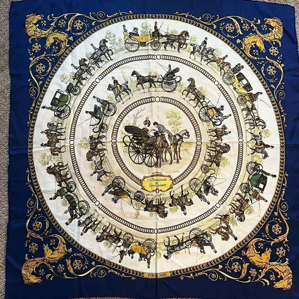 AUTH HERME SCARF, 100% SILK- La Promenade De Longchamps